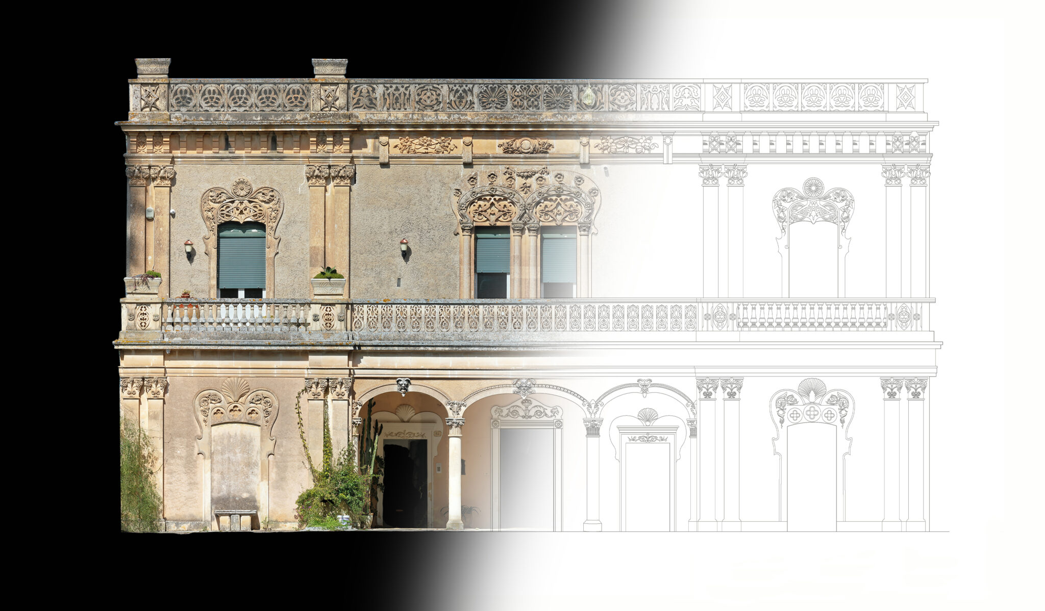 Facade survey: photographic orthophoto blended into the measured CAD elevation